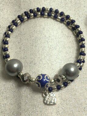 Double Wrap Bracelet – Blue, Silver & Metallic Accents – “Made With Love” Charm